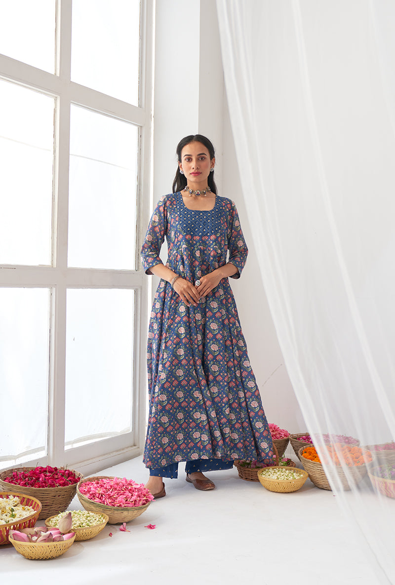 Blue Digitally Printed Iris Anarkali Set