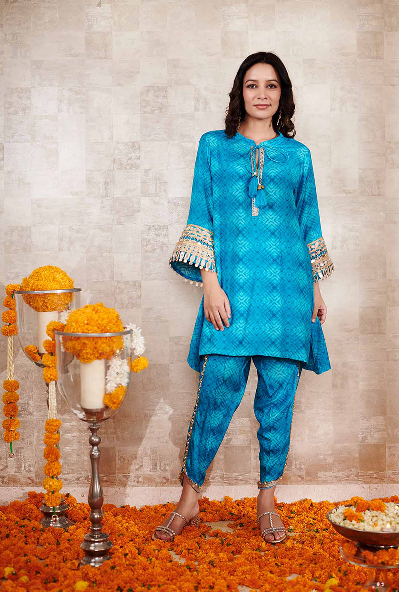 Blue Geometric Print Kaya Dhoti Set