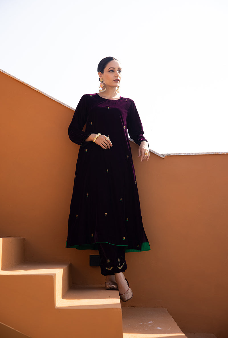 Burgundy Hand Embroidered Velvet Ghazal Kurta Set