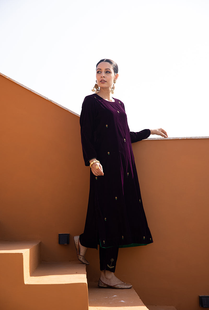 Burgundy Hand Embroidered Velvet Ghazal Kurta Set