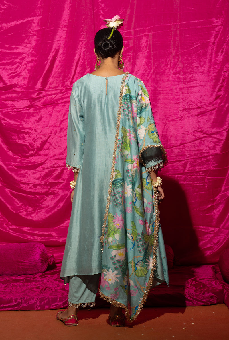 Mint Peacock Motif Kamli Kurta Set