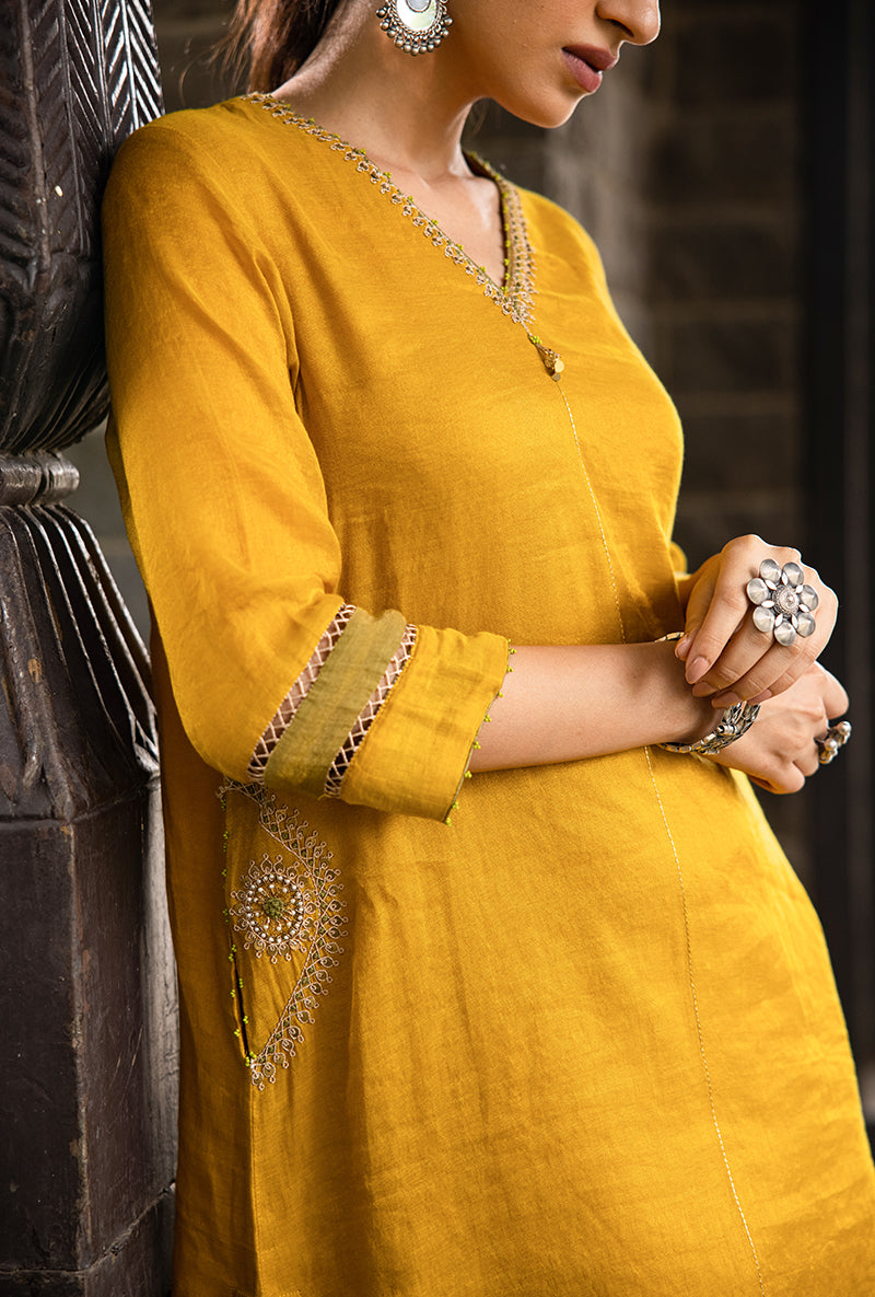 Mustard Side Marodi Pocket Surmayi Kurta Set