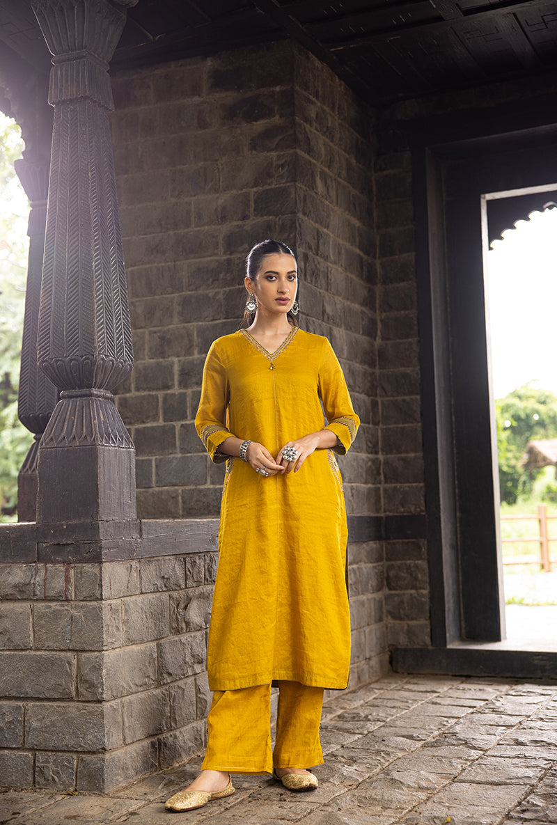 Mustard Side Marodi Pocket Surmayi Kurta Set