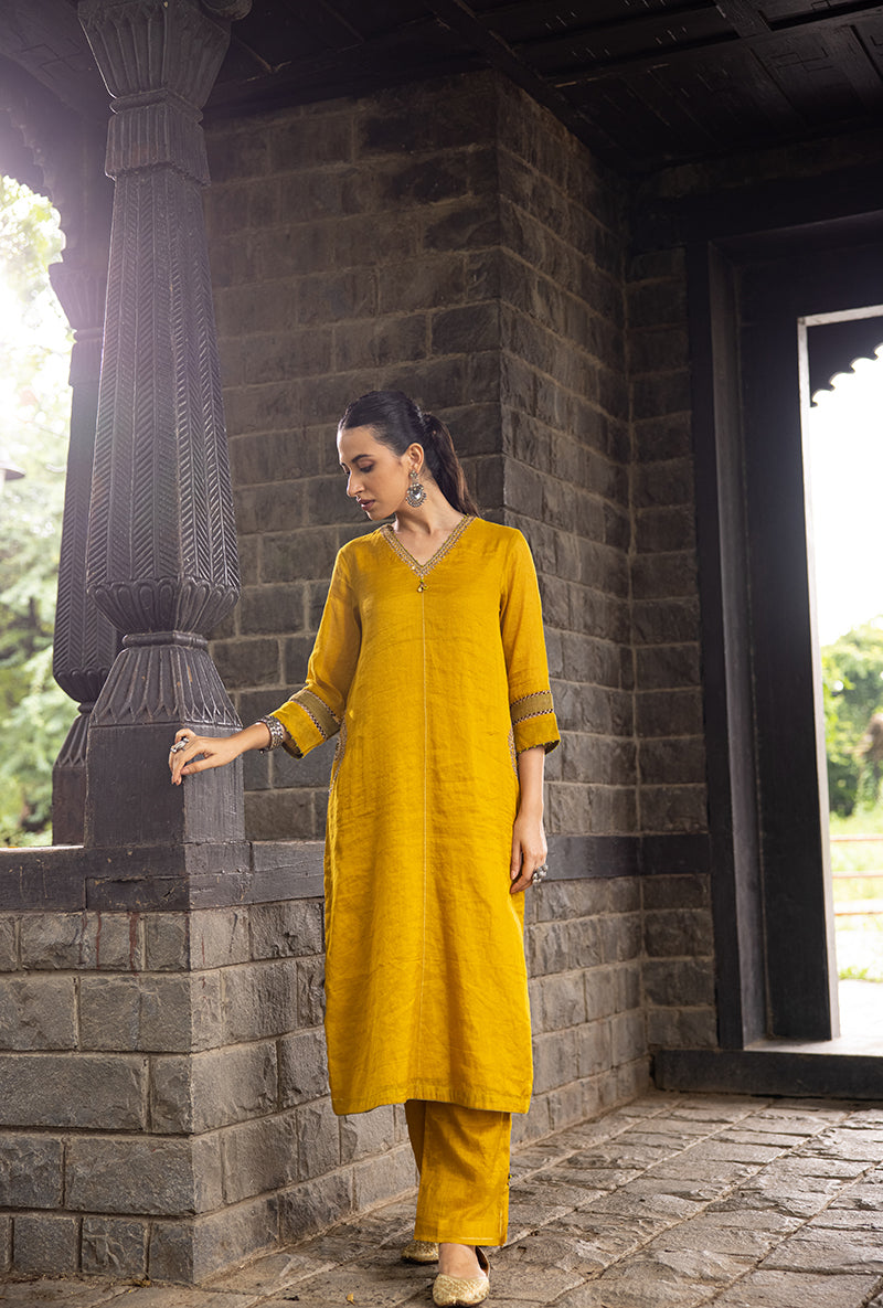 Mustard Side Marodi Pocket Surmayi Kurta Set