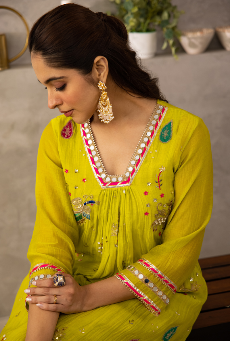 Lime Green Glass Neckline A-Line Laado Kurta Set