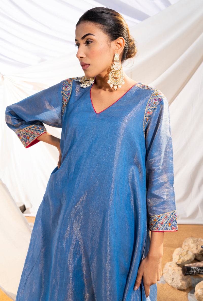 Blue Handloom Cotton Zari Tissue Embroidered Kiara Kurta Set