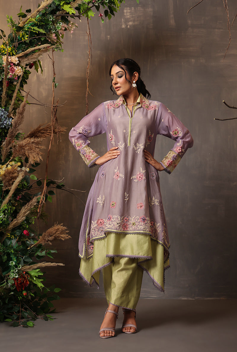 Lilac And Mint Green Layered Heavy Samah Kurta Set