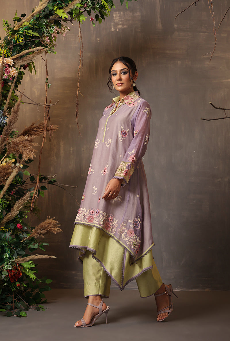 Lilac And Mint Green Layered Heavy Samah Kurta Set