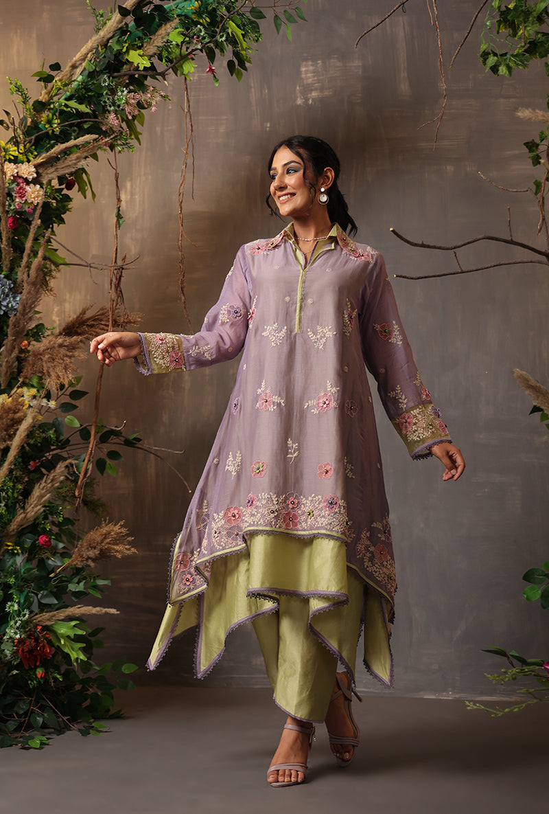 Lilac And Mint Green Layered Heavy Samah Kurta Set