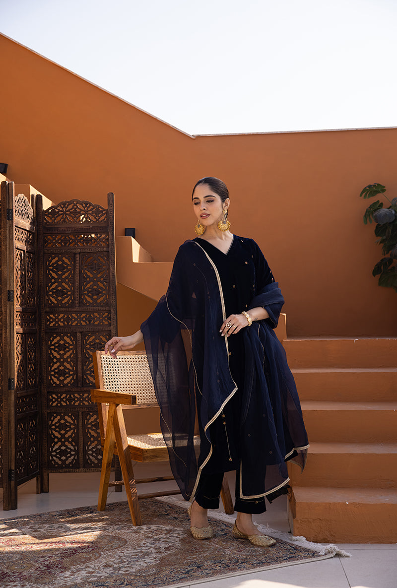 Navy Blue Sitara Work A-Line Ghazal Kurta Set