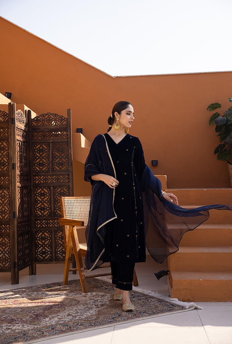 Navy Blue Sitara Work A-Line Ghazal Kurta Set