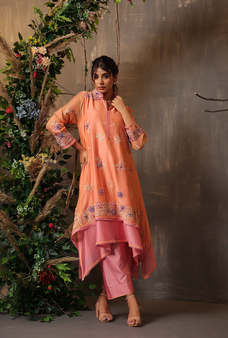 Peach And Pink Layered Heavy Samah Kurta Set