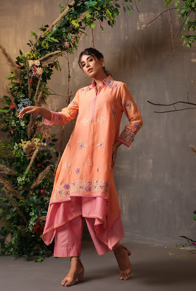 Peach And Pink Layered Heavy Samah Kurta Set