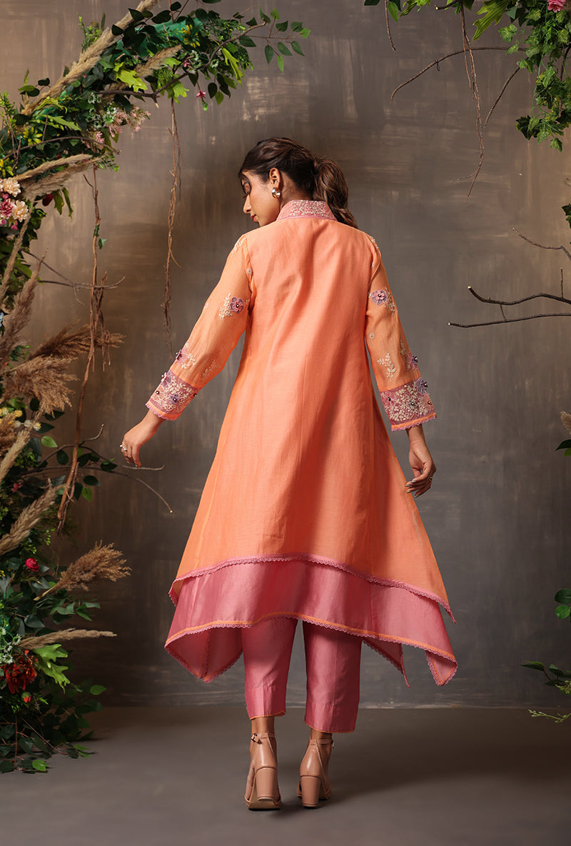 Peach And Pink Layered Heavy Samah Kurta Set