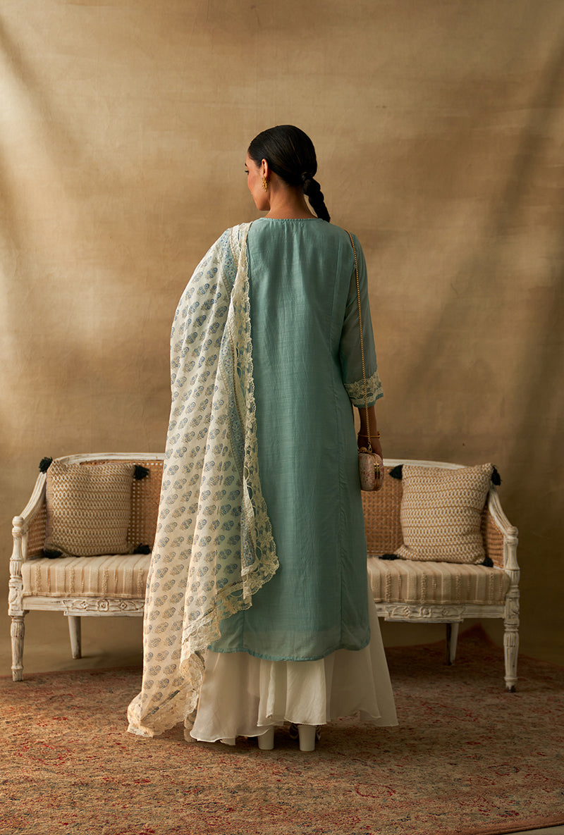 Powder Blue Straight Kurta Marigold Sharara Set