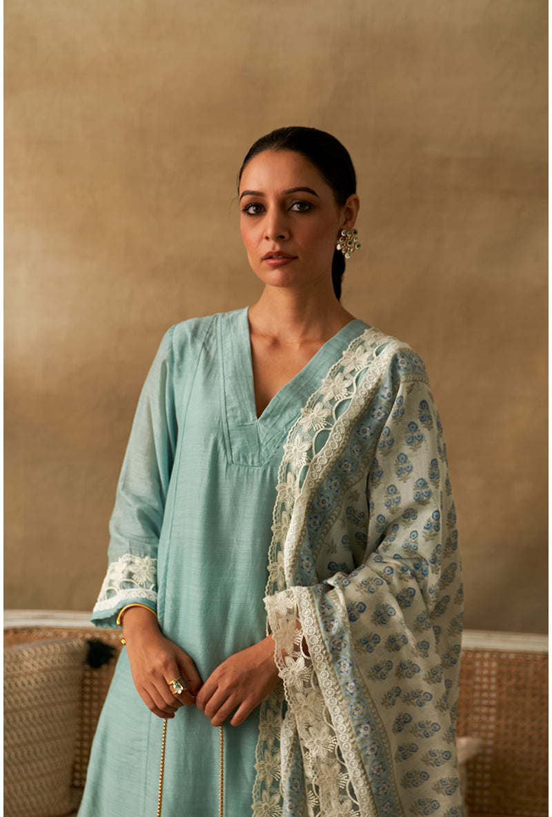 Powder Blue Straight Kurta Marigold Sharara Set