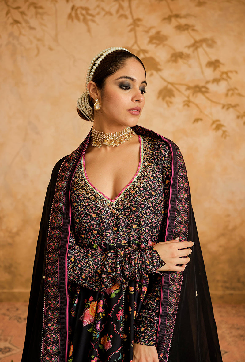 Black Multiple Kali Goonj Anarkali Set