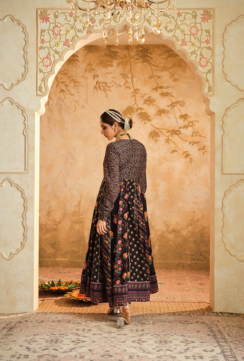 Black Multiple Kali Goonj Anarkali Set