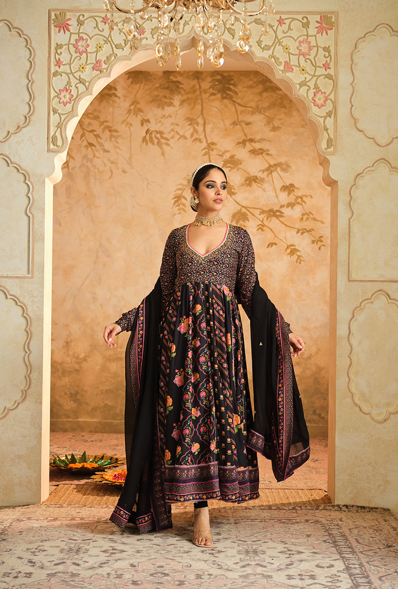 Black Multiple Kali Goonj Anarkali Set