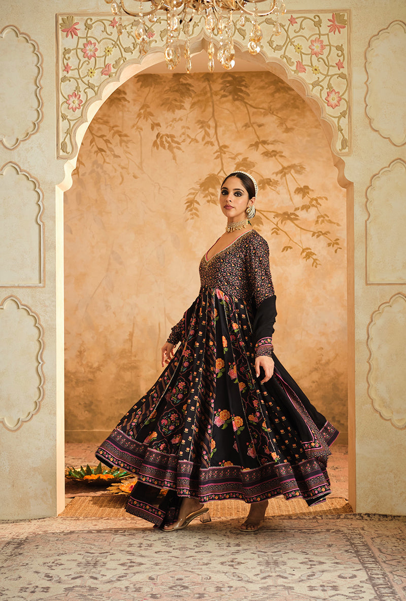 Black Multiple Kali Goonj Anarkali Set