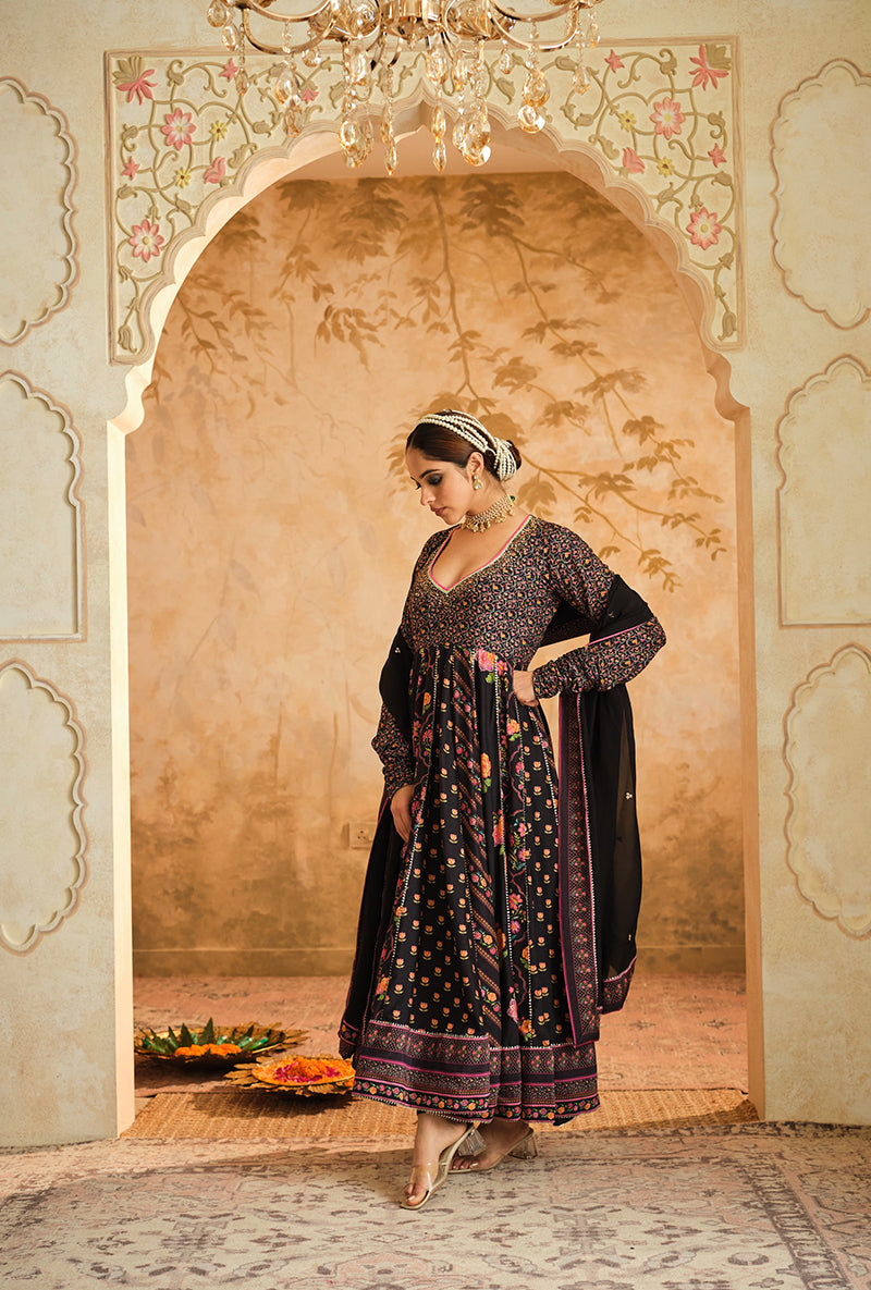 Black Multiple Kali Goonj Anarkali Set