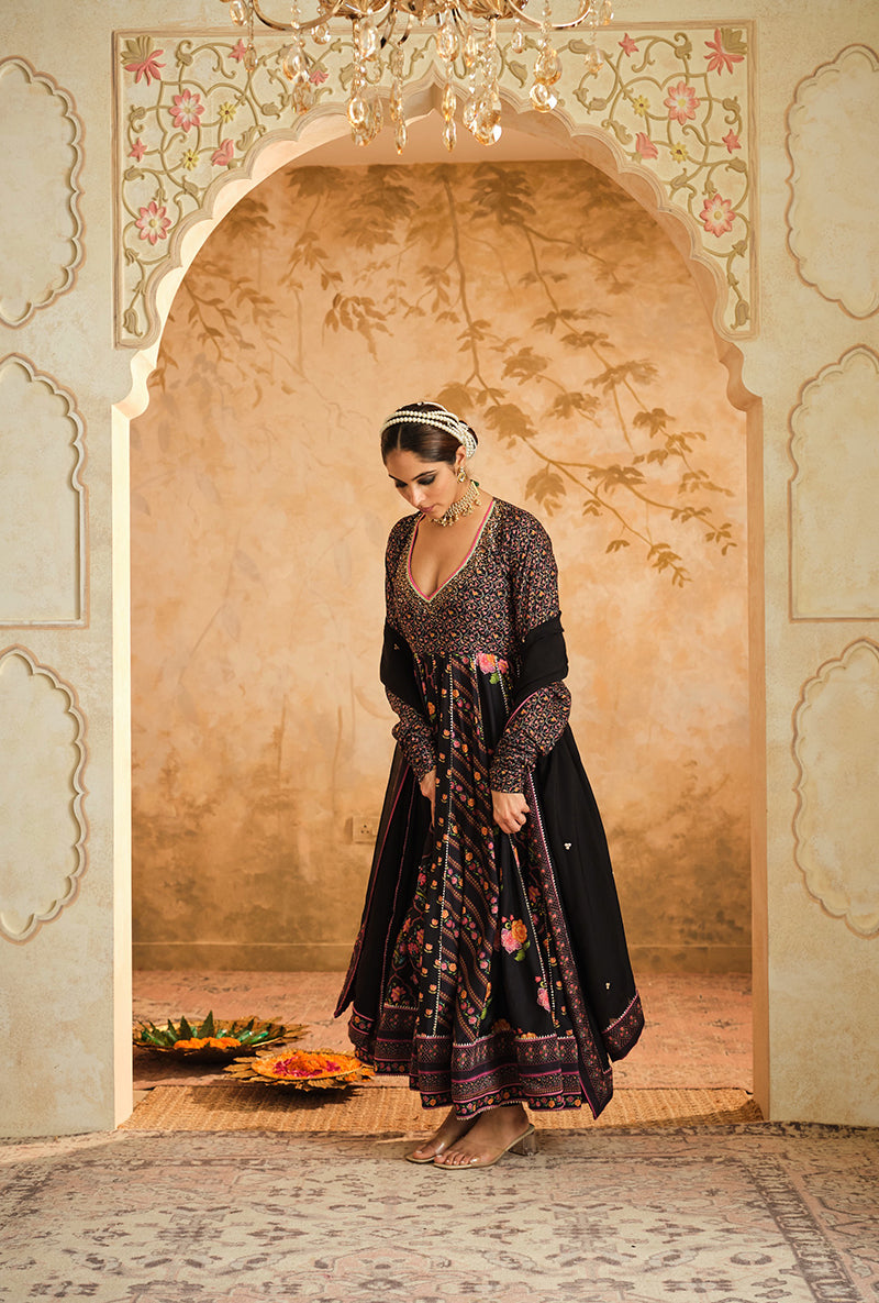 Black Multiple Kali Goonj Anarkali Set