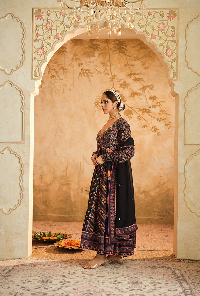 Black Multiple Kali Goonj Anarkali Set