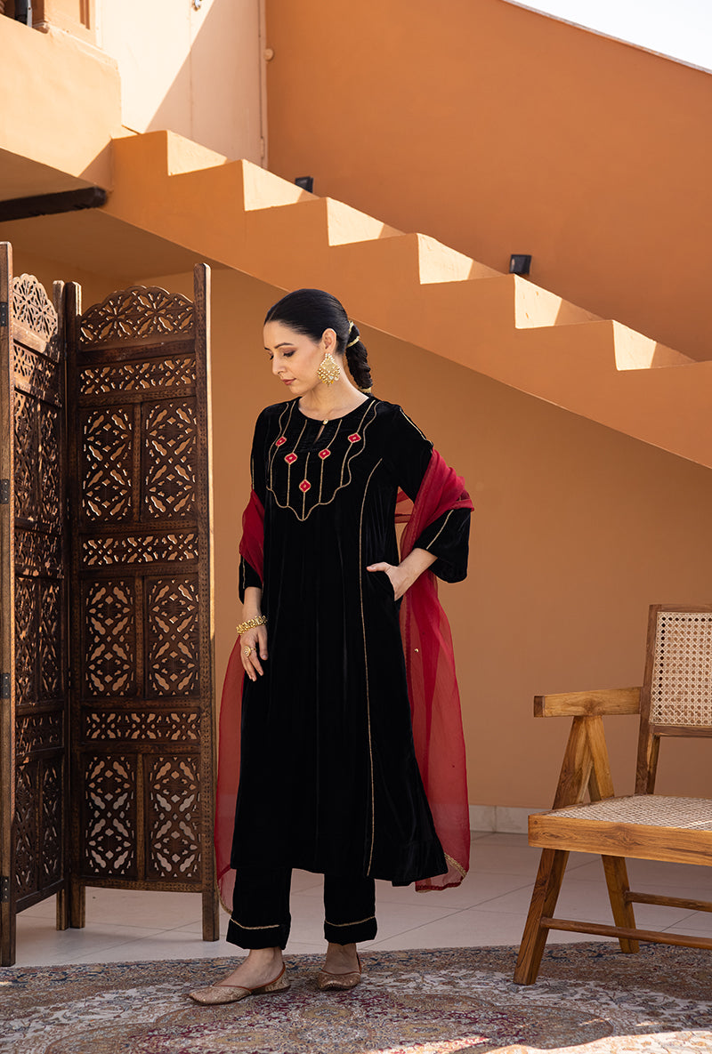 Black Velvet Brocade Patch A Line Ghazal Kurta Set