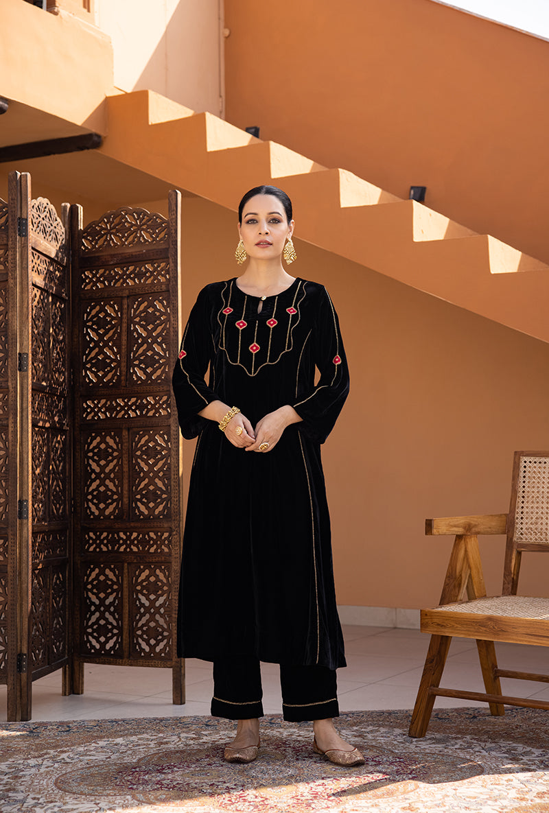 Black Velvet Brocade Patch A Line Ghazal Kurta Set