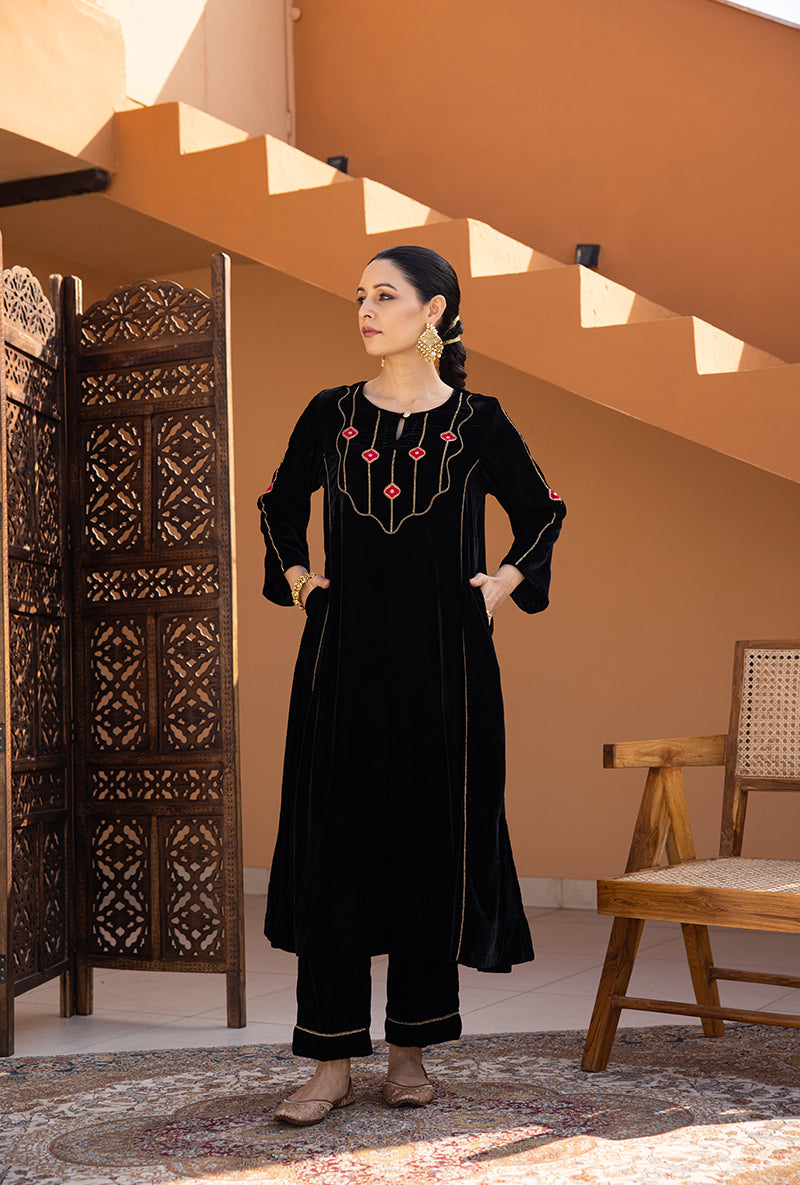 Black Velvet Brocade Patch A Line Ghazal Kurta Set