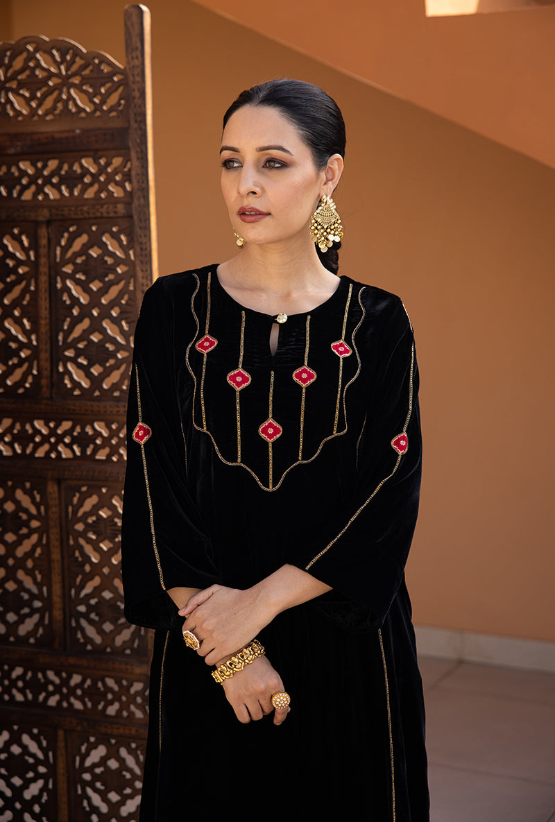 Black Velvet Brocade Patch A Line Ghazal Kurta Set