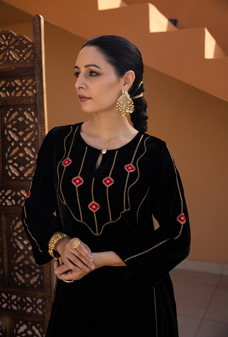 Black Velvet Brocade Patch A Line Ghazal Kurta Set