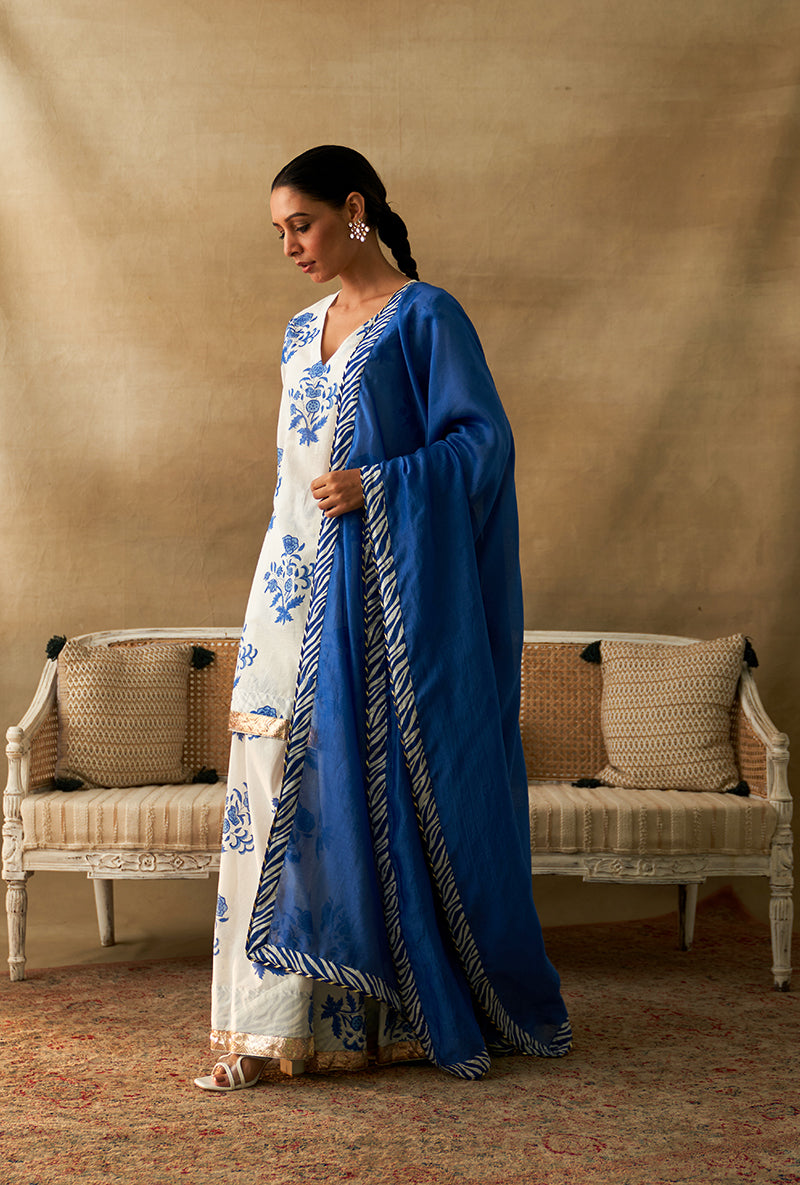 Blue And White Block Printed Marigold Sharara Set