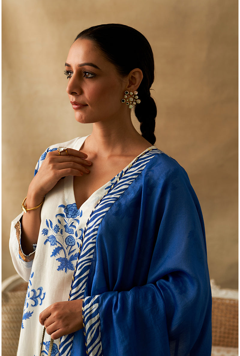 Blue And White Block Printed Marigold Sharara Set