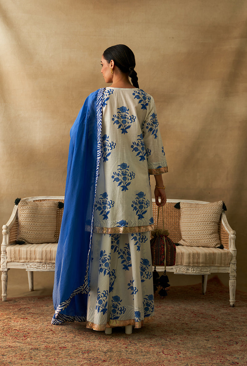 Blue And White Block Printed Marigold Sharara Set