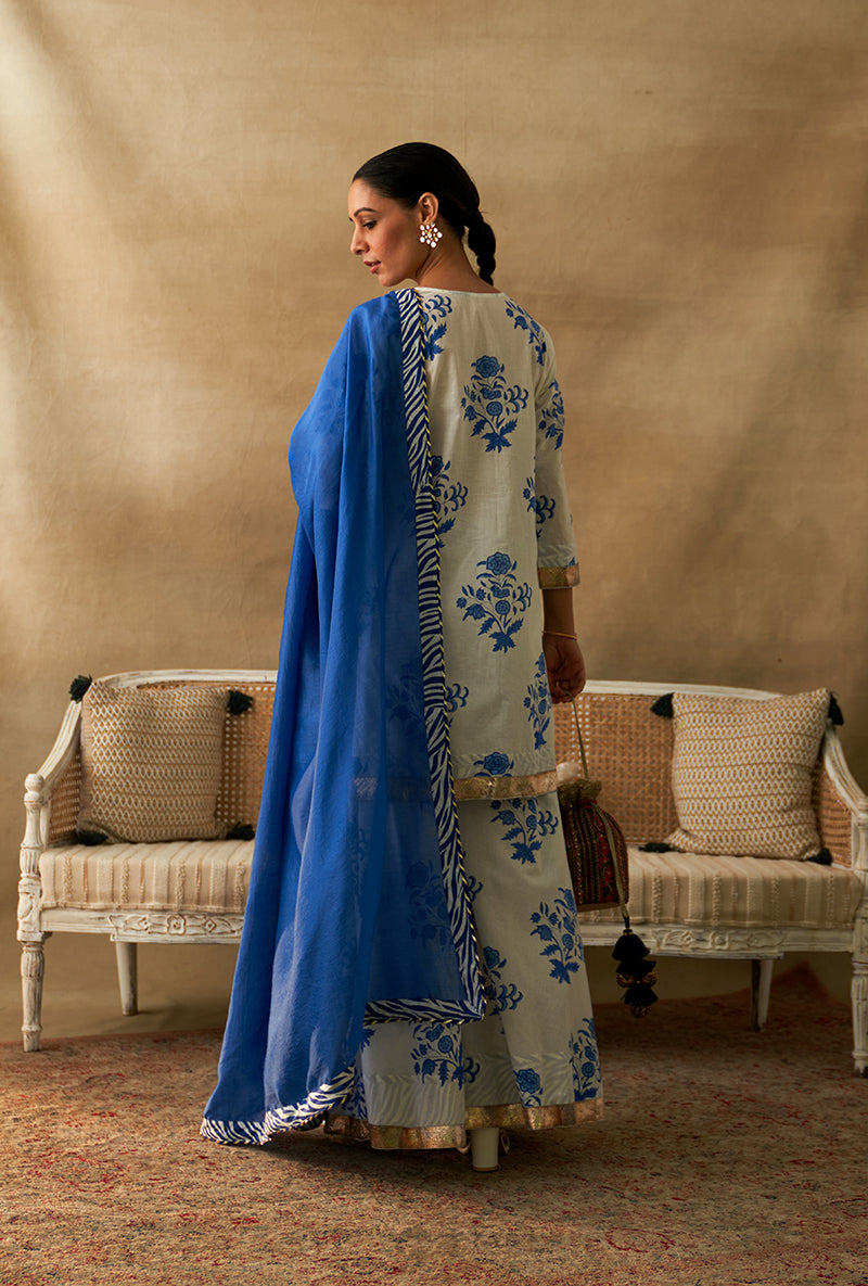 Blue And White Block Printed Marigold Sharara Set