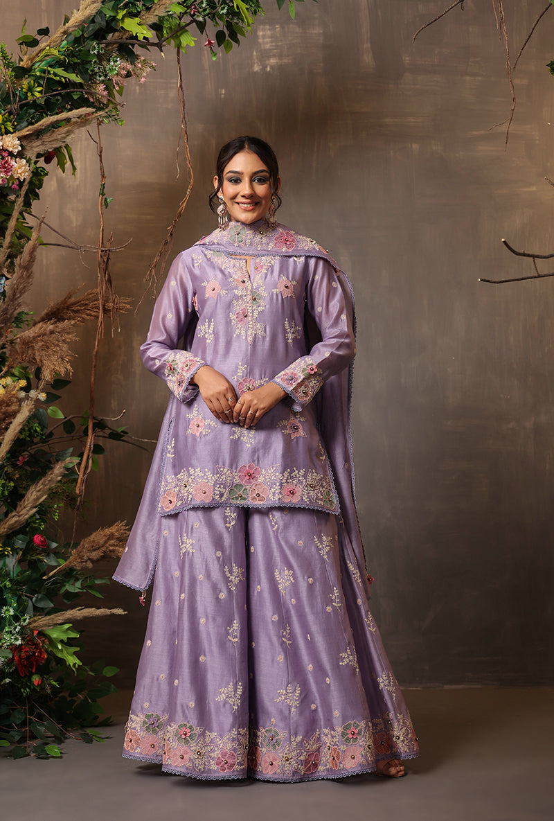 Lilac Heavy Cut Work Samah Sharara Set