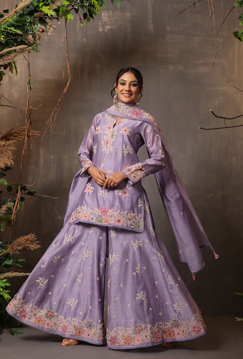 Lilac Heavy Cut Work Samah Sharara Set