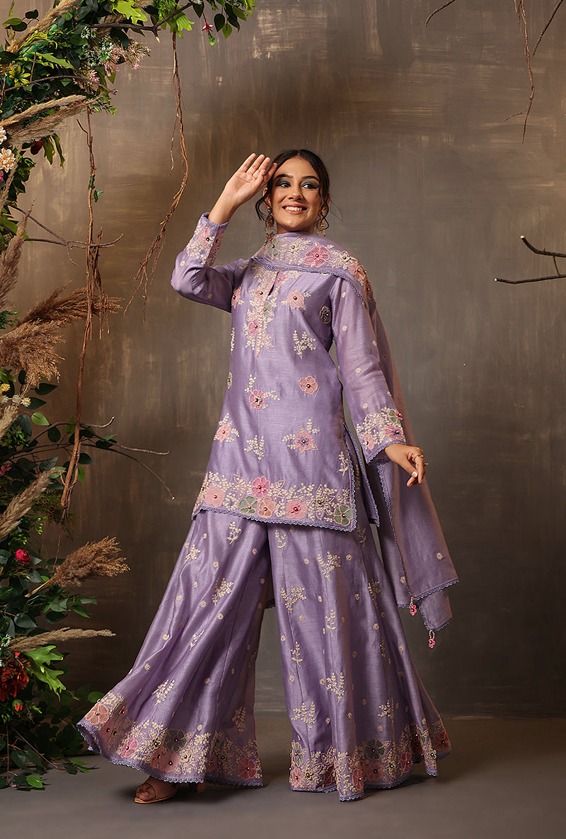 Lilac Heavy Cut Work Samah Sharara Set