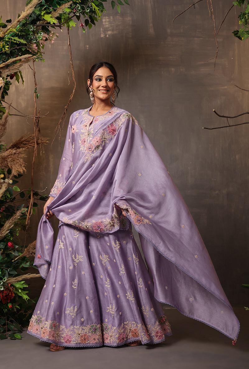 Lilac Heavy Cut Work Samah Sharara Set