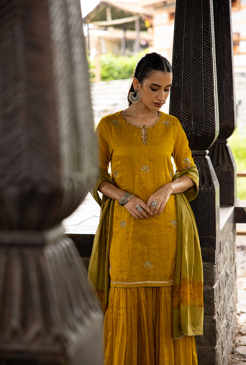 Mustard Elephant Motif Surmayi Sharara Set