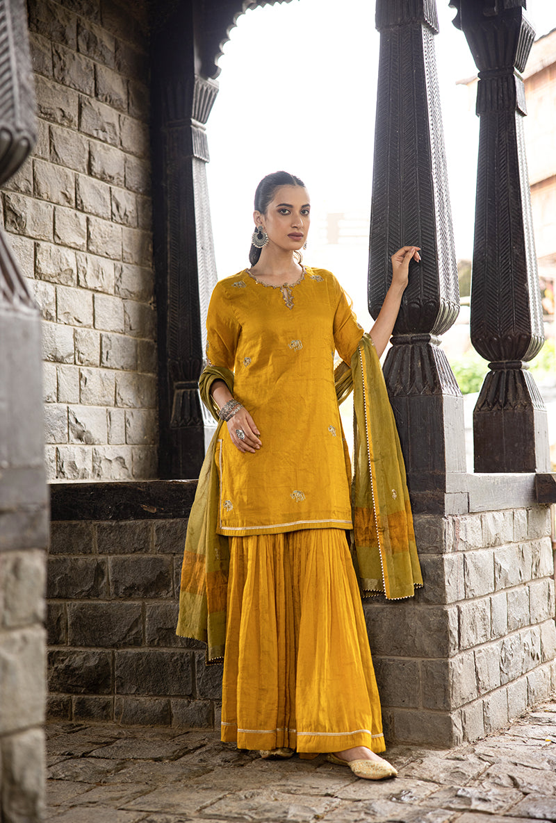 Mustard Elephant Motif Surmayi Sharara Set