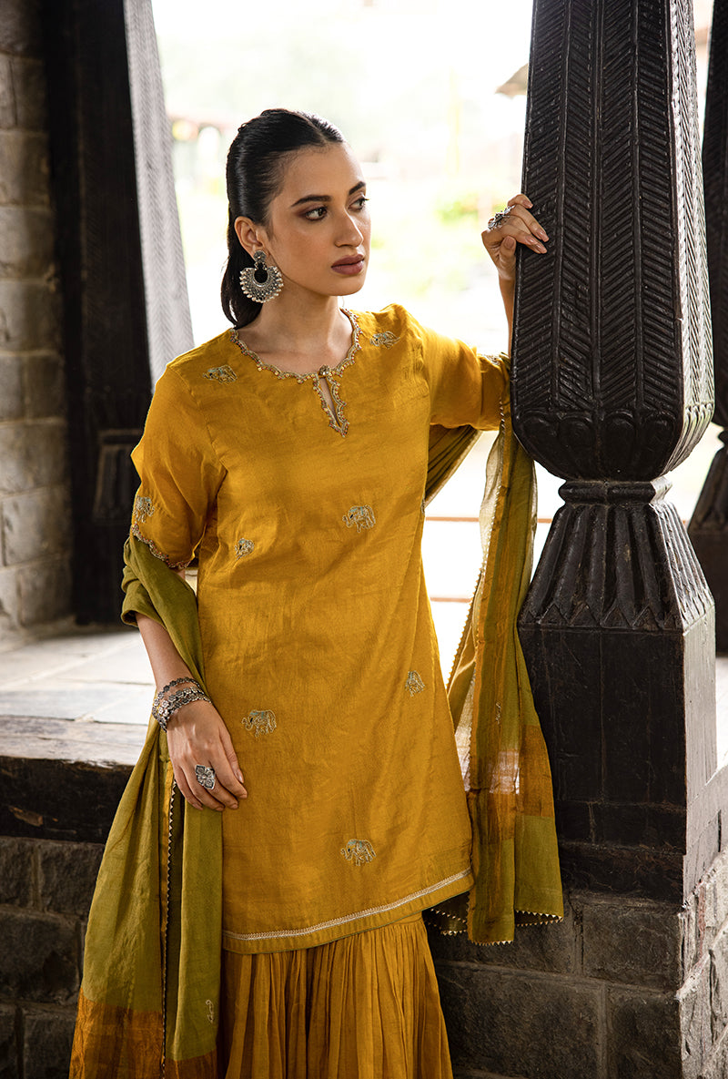 Mustard Elephant Motif Surmayi Sharara Set