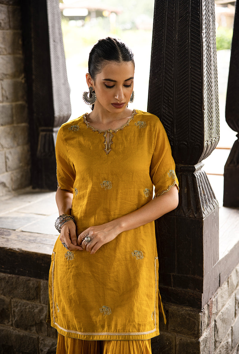 Mustard Elephant Motif Surmayi Sharara Set