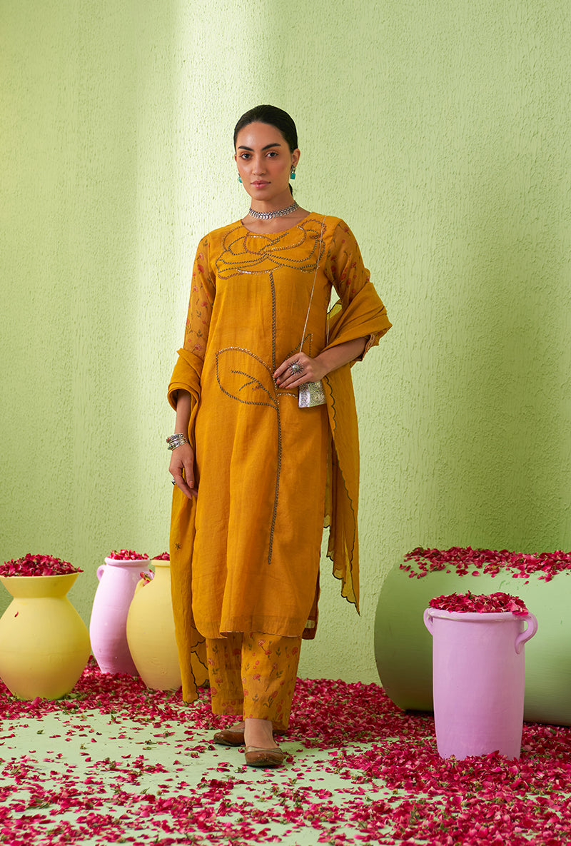 Mustard Rose Butta Tara Kurta Set