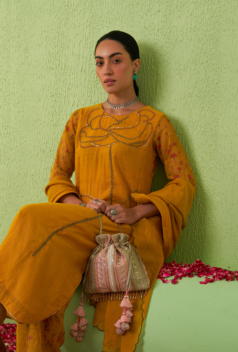 Mustard Rose Butta Tara Kurta Set