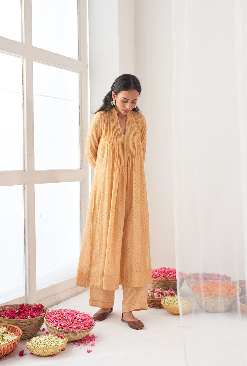 Yellow Polka Dot Print A-Line Iris Kurta Set