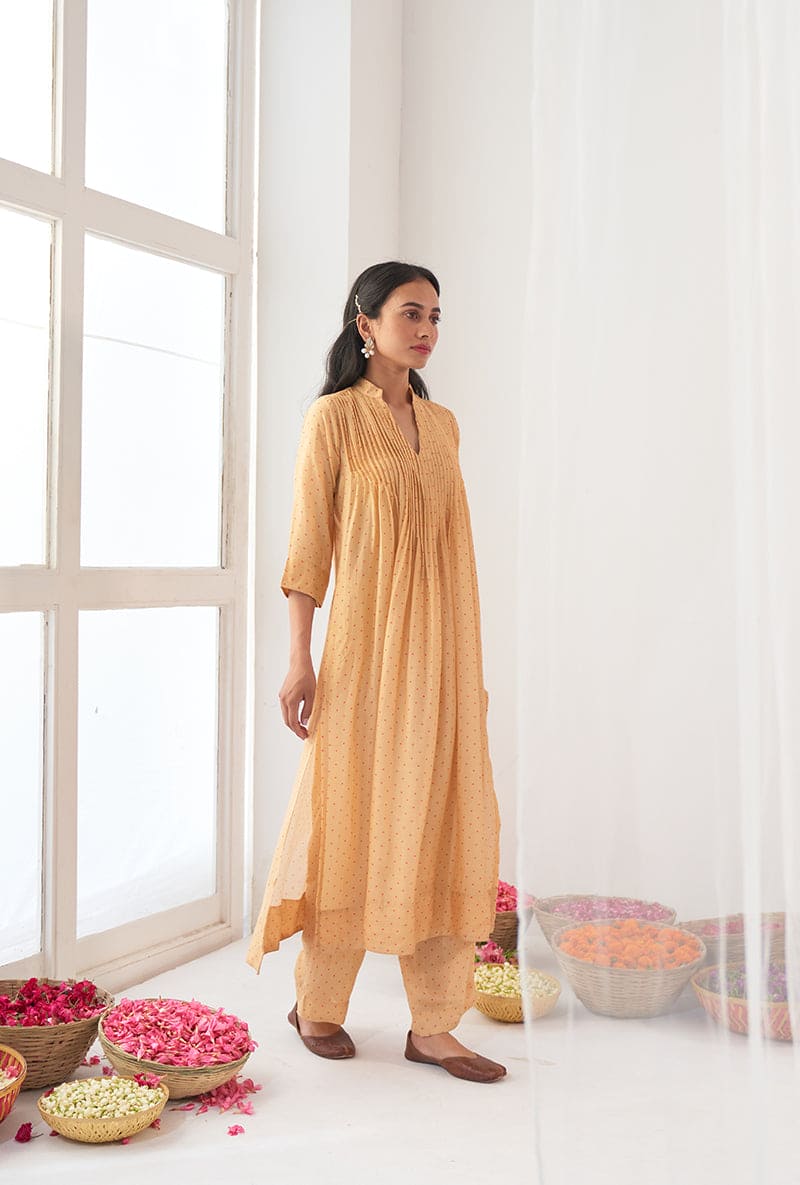 Yellow Polka Dot Print A-Line Iris Kurta Set