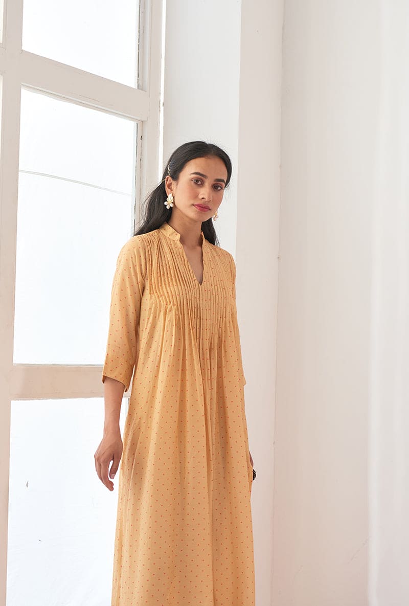 Yellow Polka Dot Print A-Line Iris Kurta Set