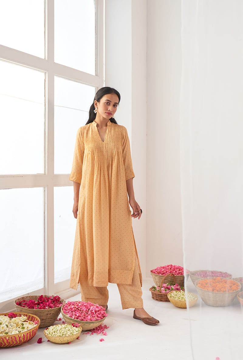 Yellow Polka Dot Print A-Line Iris Kurta Set